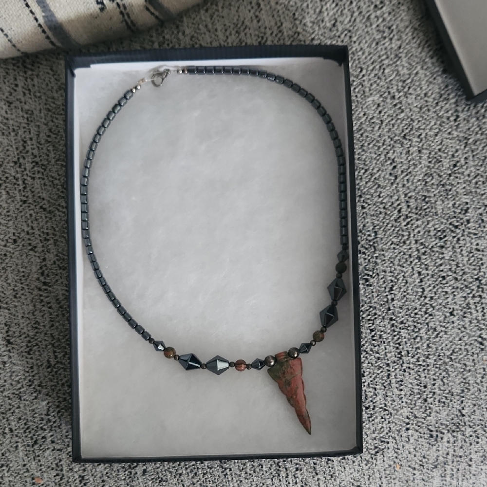 Hematite Beaded Necklace with Red Jasper Arrowhead Pendant